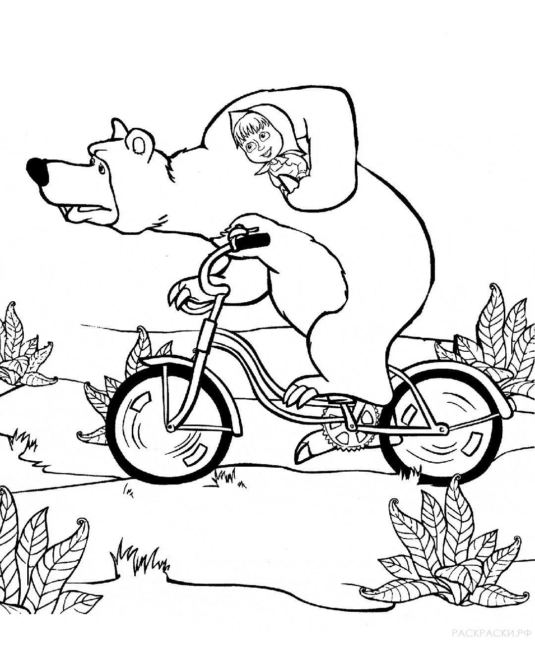 Раскраска Маша и Медведь "Медведь на велосипеде"