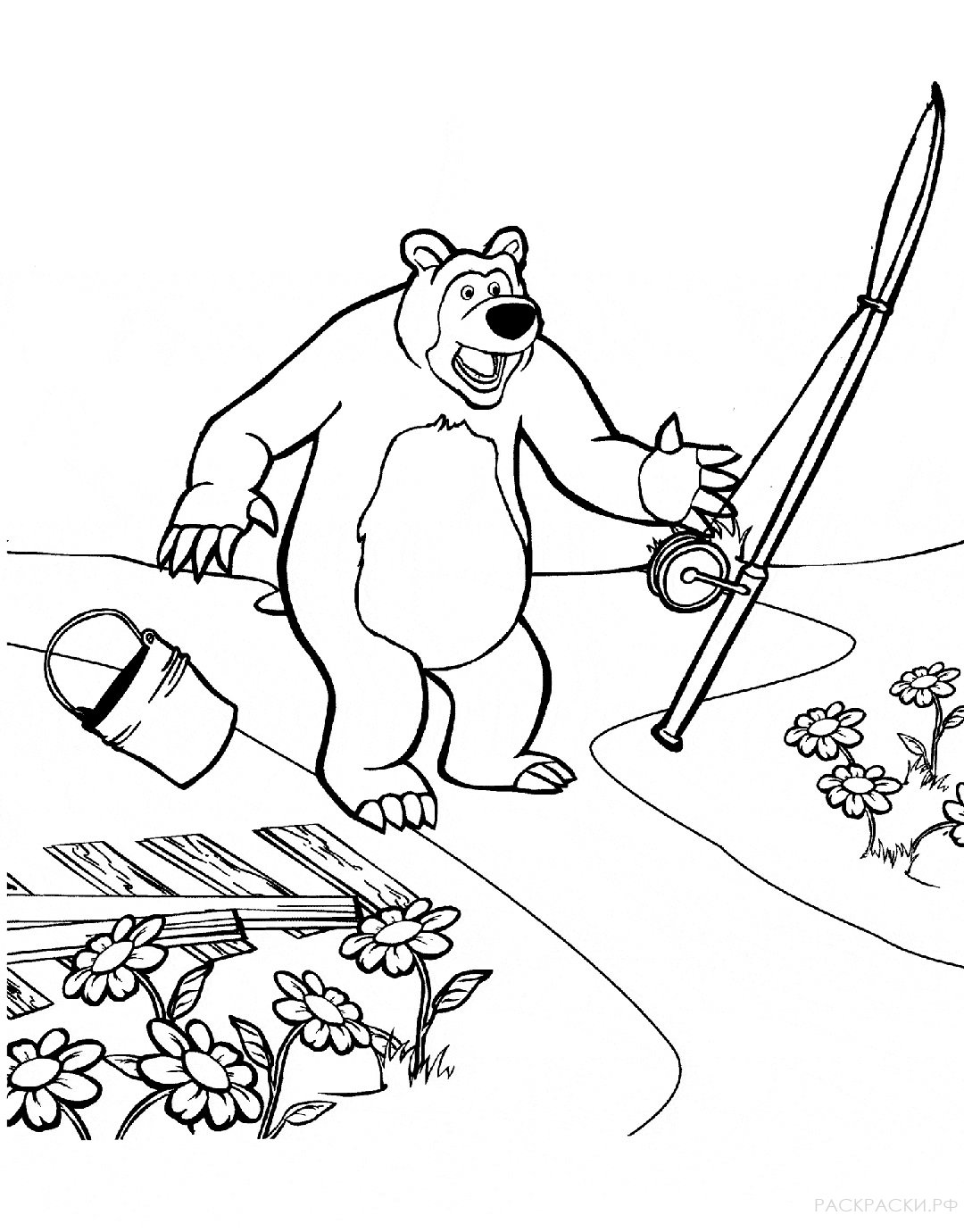 Раскраска Маша и Медведь "Медведь на рыбалке"