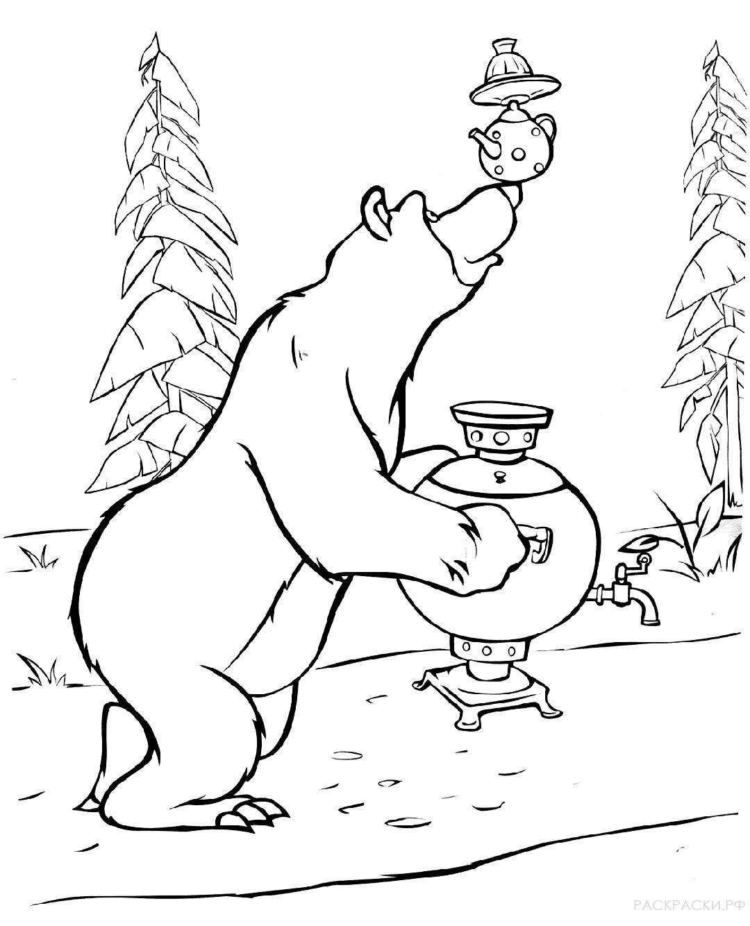 Раскраска Маша и Медведь "Медведь пс самоваром"