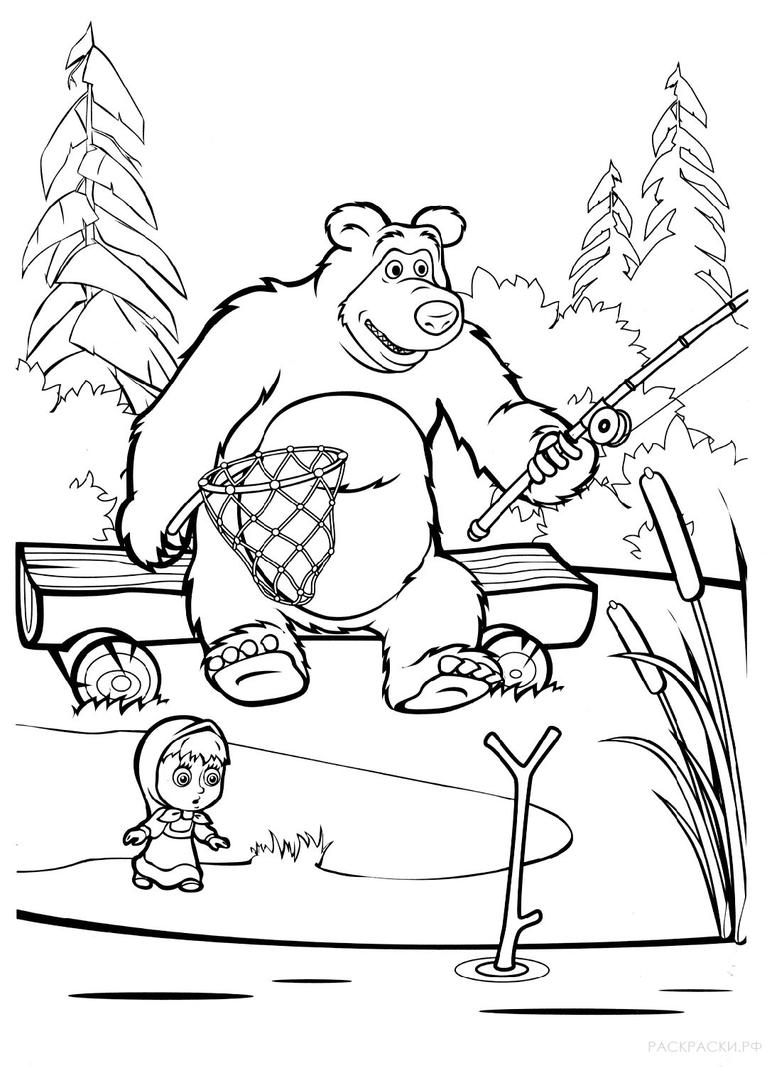 Раскраска Маша и Медведь на рыбалке с удочкой и сочком