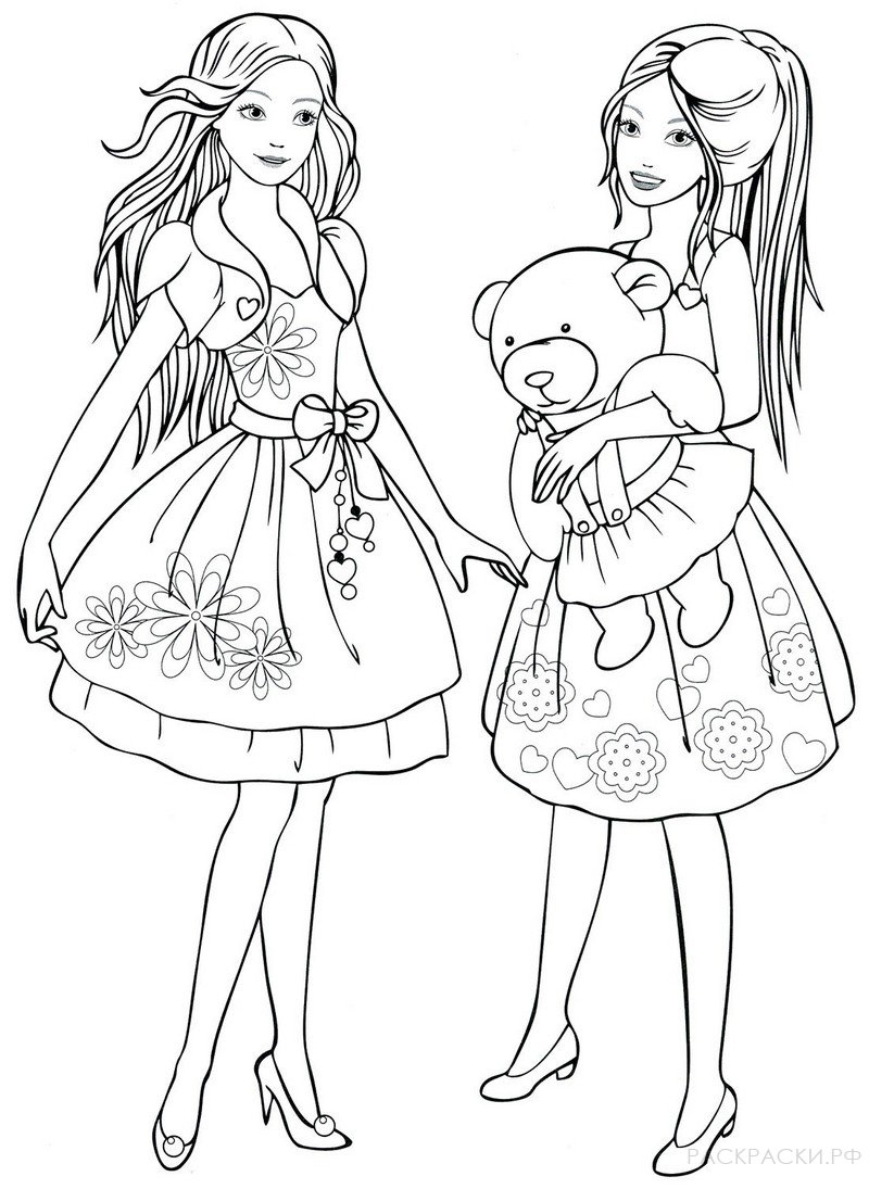 Раскраска для девочек Две девушки и плюшевый медведь