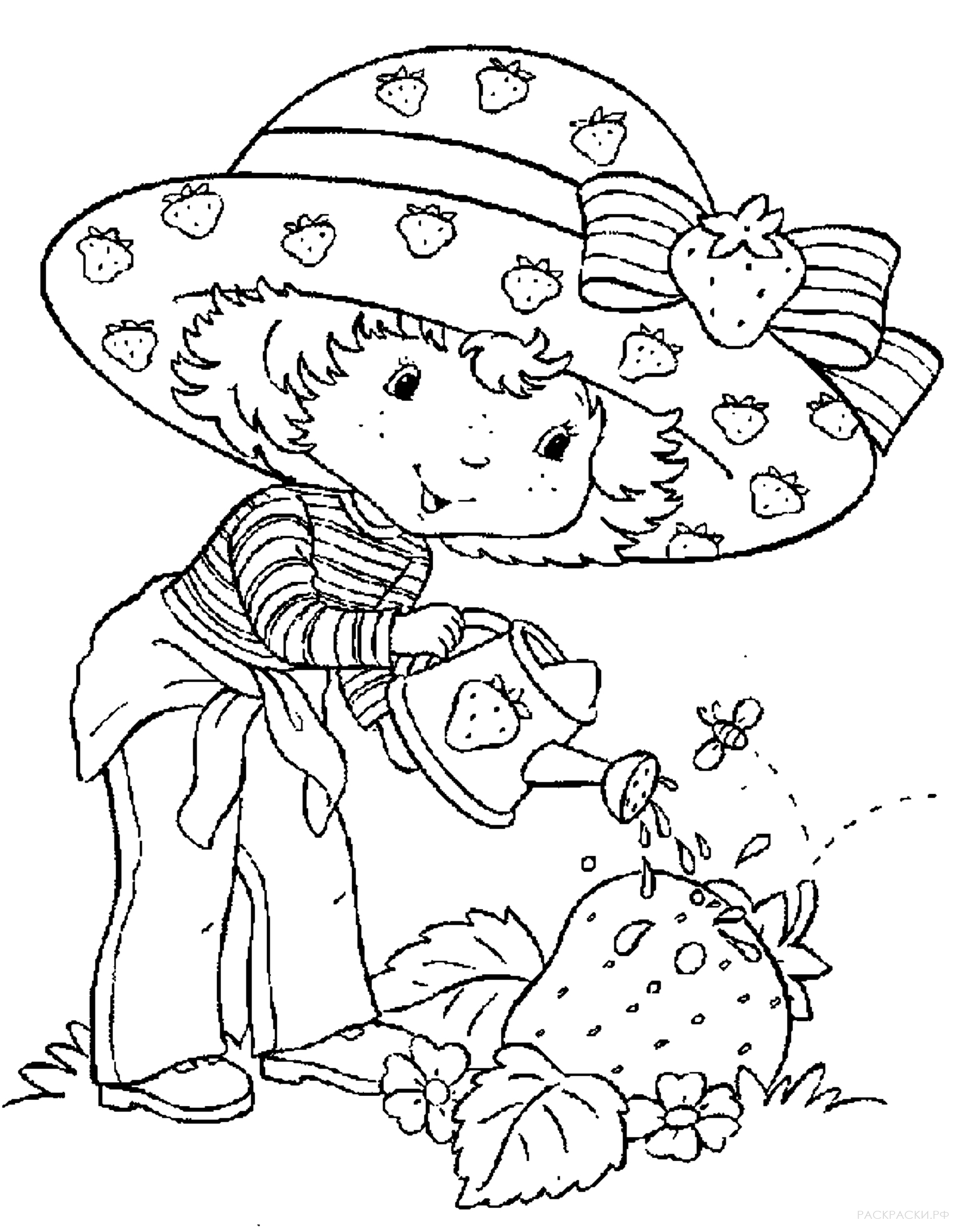 Раскраска девочка поливает клубнику