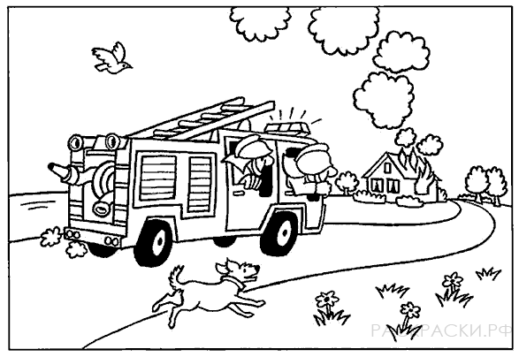 Раскраска для мальчиков Пожарники едут тушить дом
