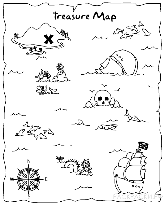 Раскраска для мальчиков Пиратский корабль и карта сокровищ