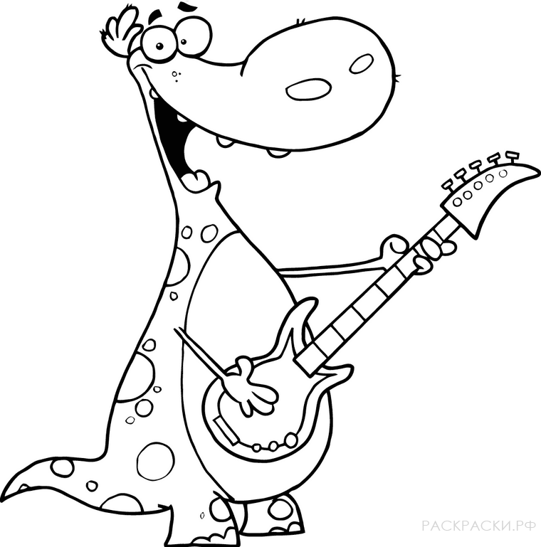 Раскраска для мальчиков Динозавр играет на гитаре