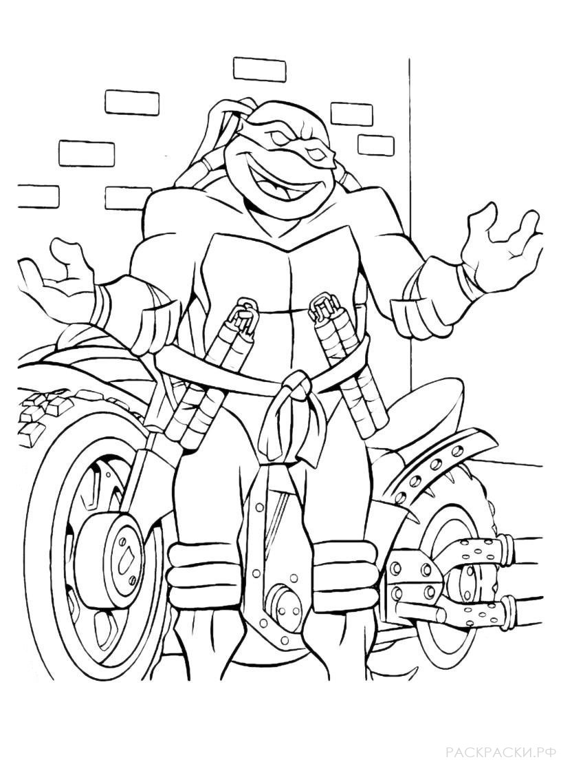 Раскраска Черепашки Ниндзя Микеланджело и мотоцикл