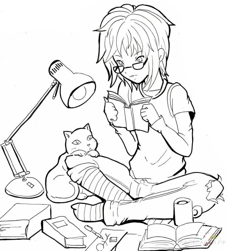 Раскраска Аниме Девушка с книжкам и котом