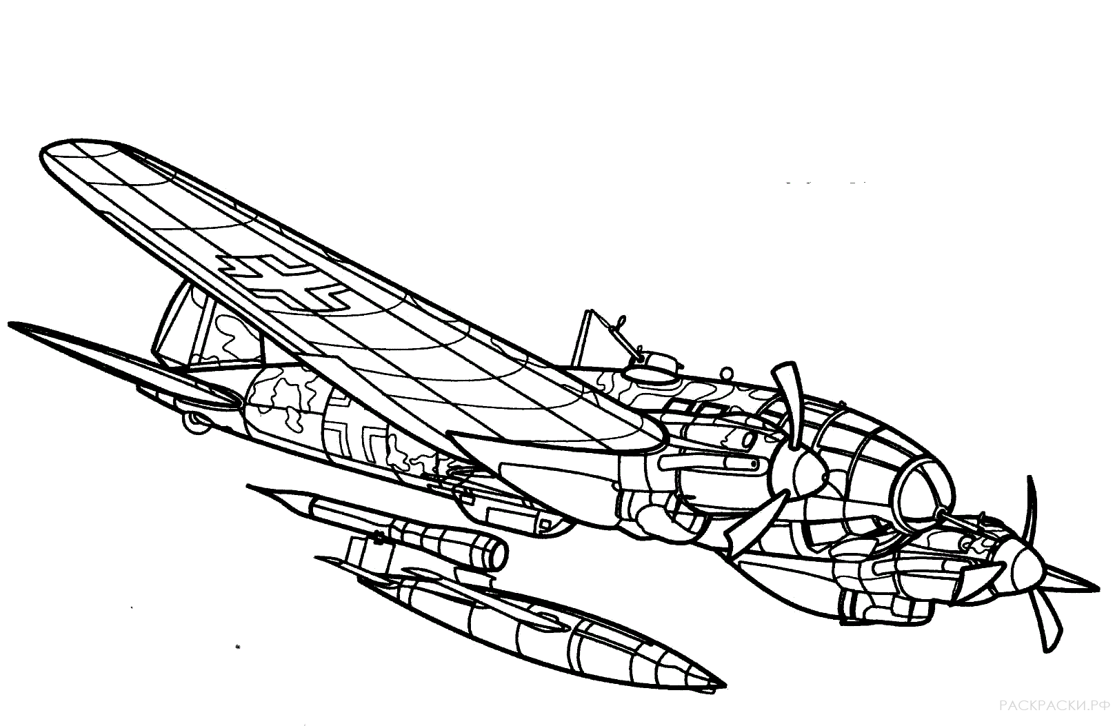 Раскраска Немецкий Самолёт бомбардировщик Хейнкель