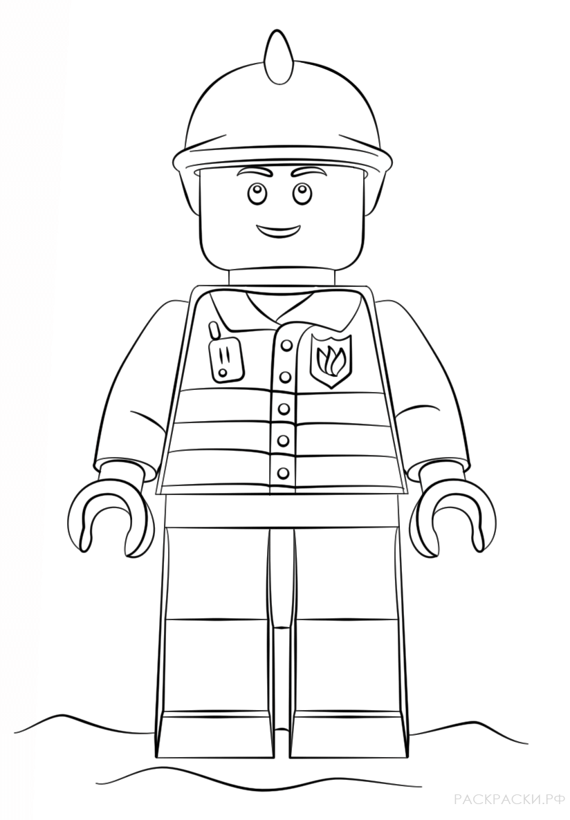 Раскраска Лего Пожарник в каске