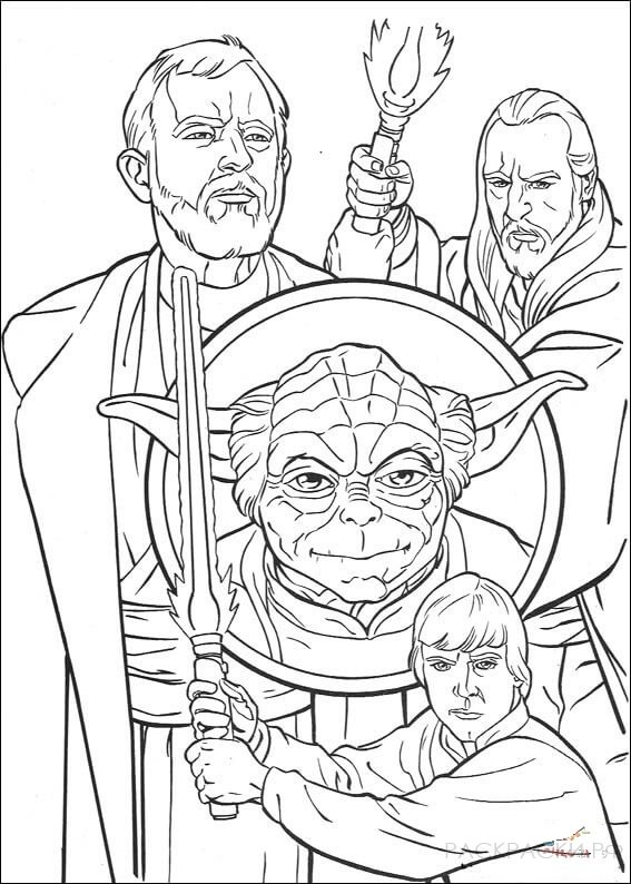 Раскраска Звёздные Войны Оби-Ван Кеноби с друзьями