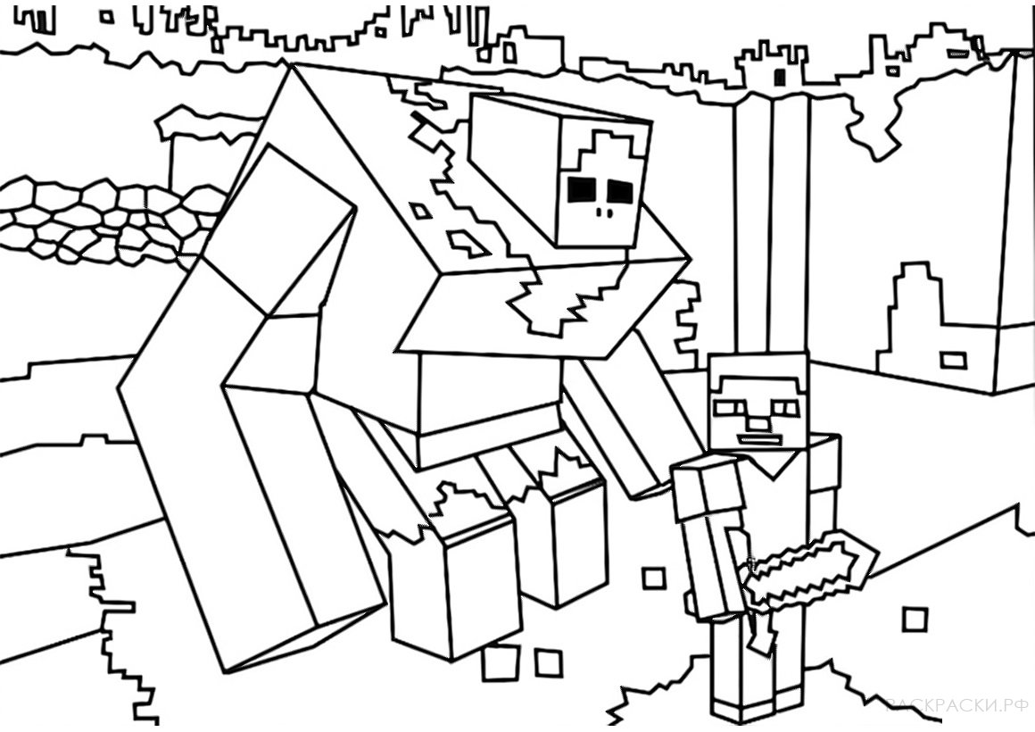 Раскраска Робот и Стив из майнкрафт