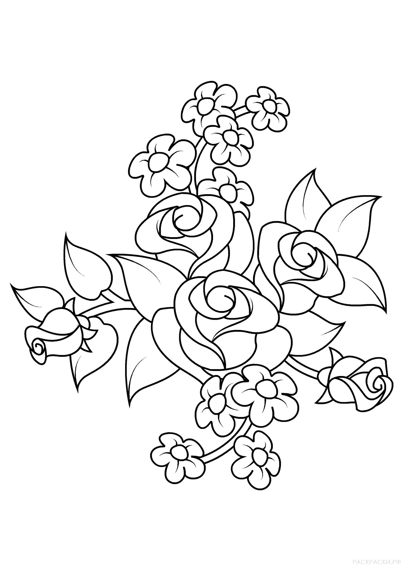 Раскраска Розы и маленькие цветы