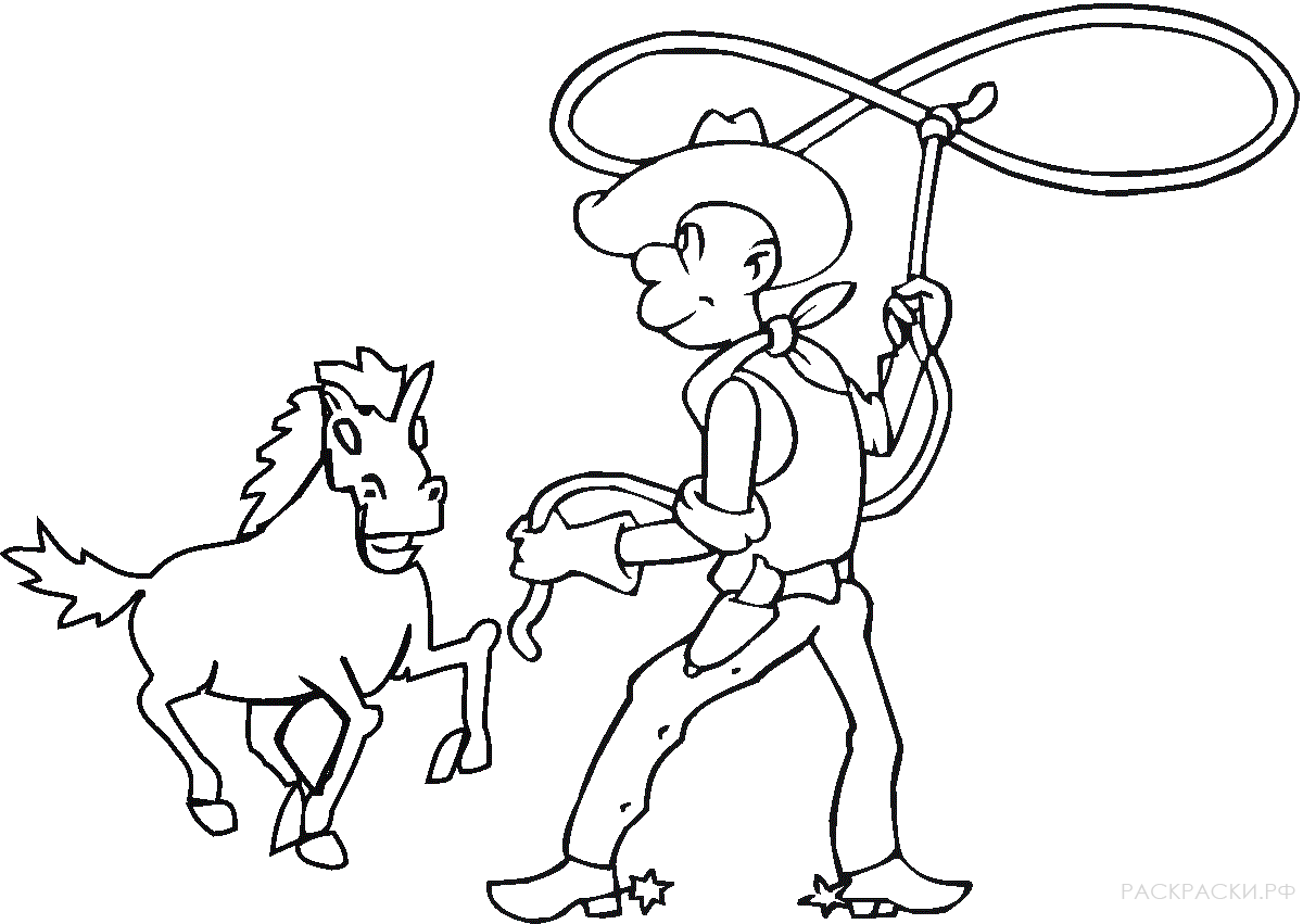 Раскраска Ковбой ловит лошадь с помощью лассо