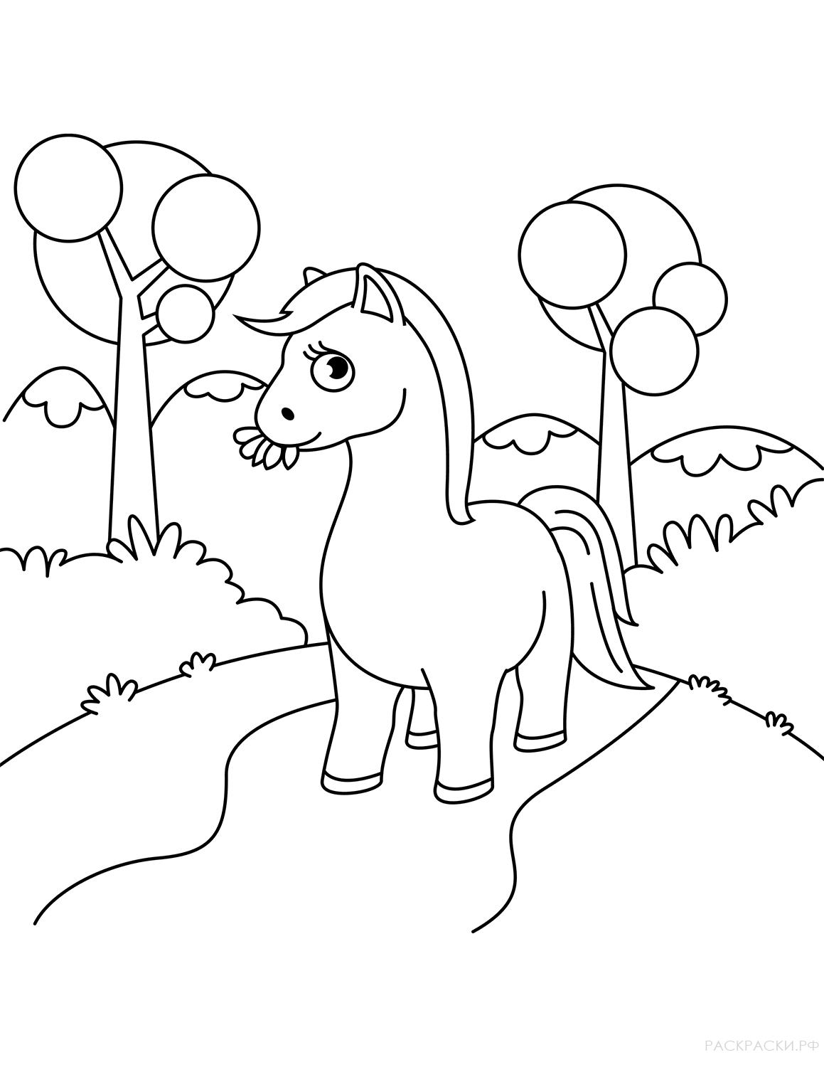 Раскраска Милая лошадка жует траву