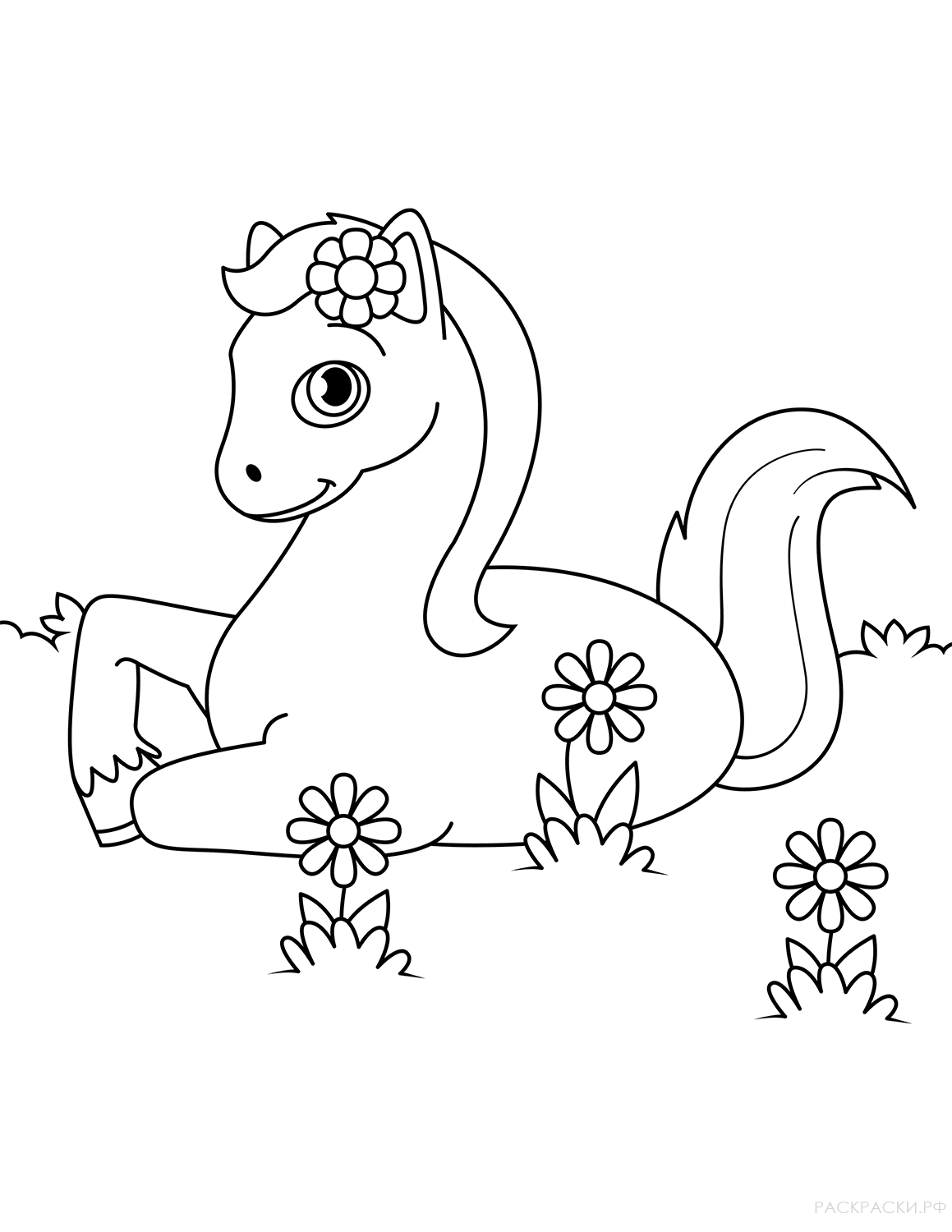 Раскраска Милая лошадка лежит среди цветов