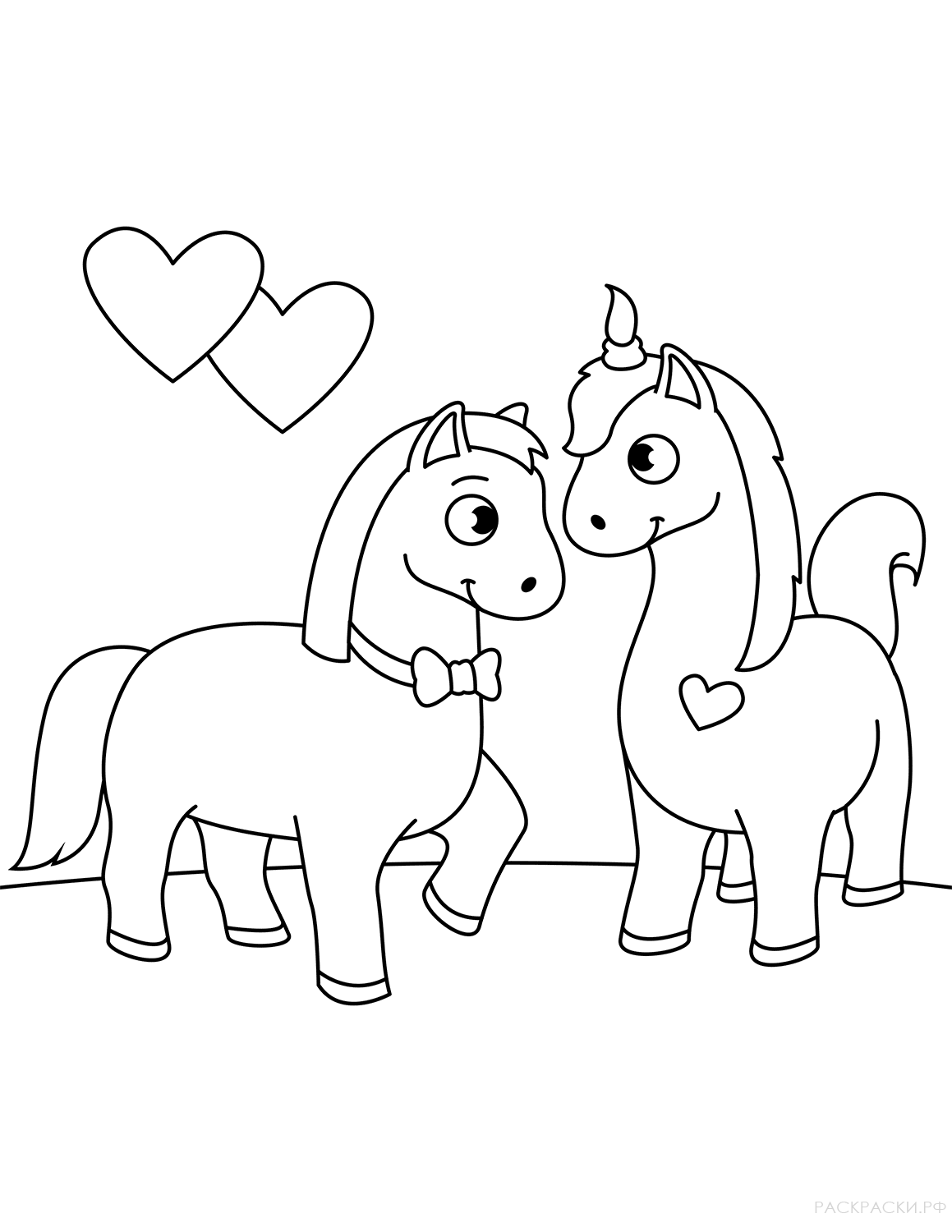 Раскраска Две влюбленные лошади