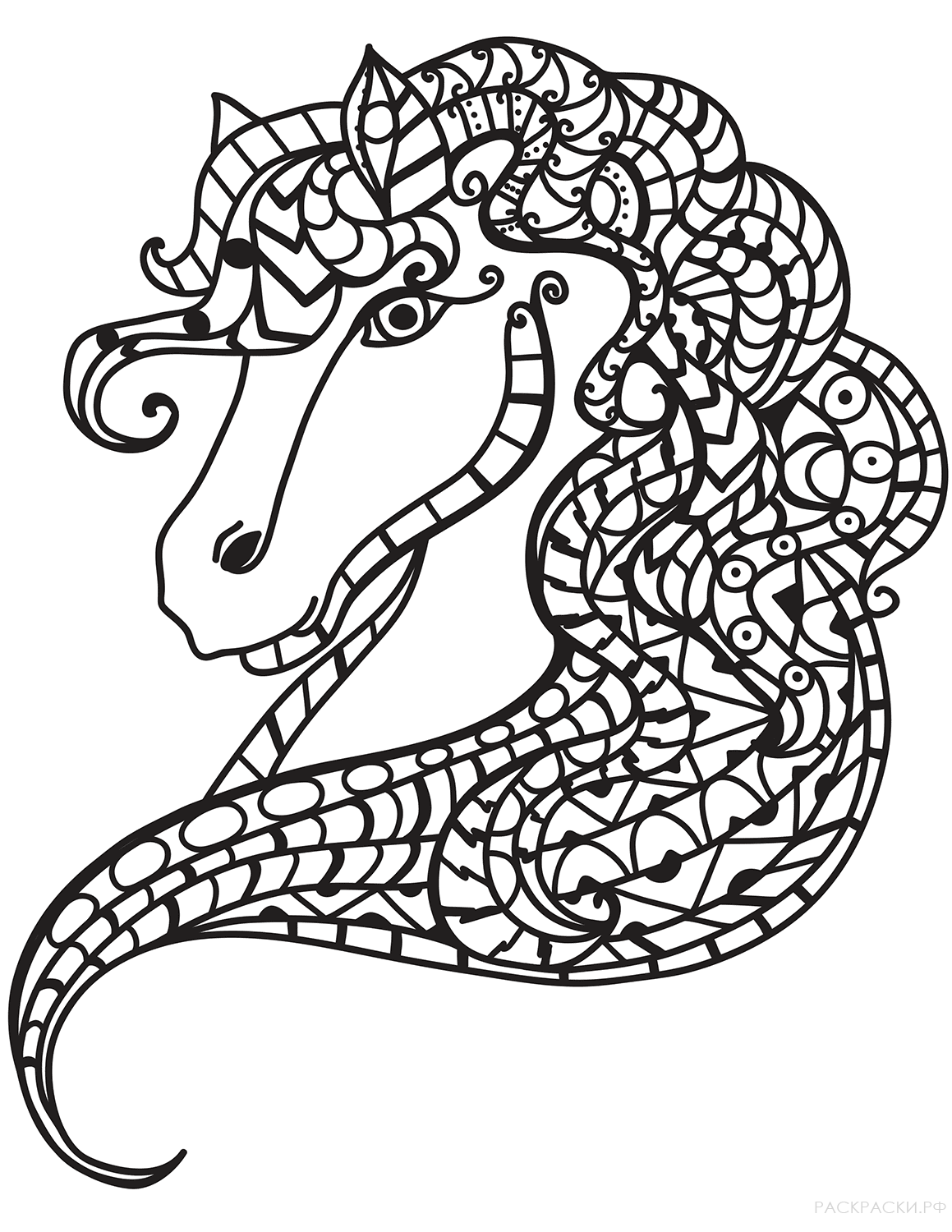Раскраска Голова лошади в технике дзентангл
