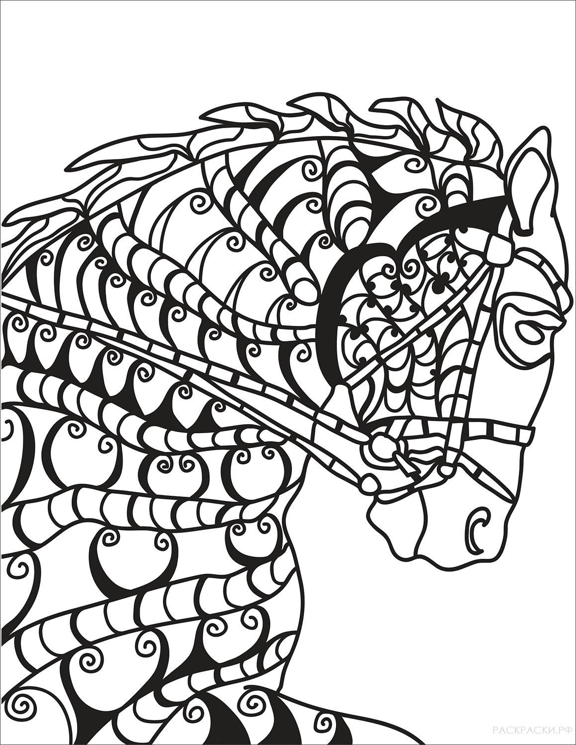 Раскраска Голова лошади в технике дзентангл 2