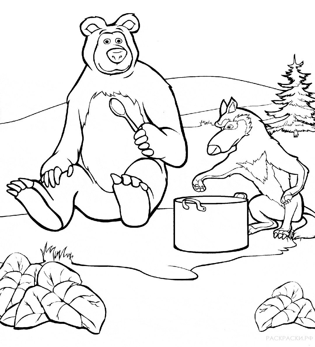 Раскраска Маша и Медведь "Медведь и волк на пикнике"