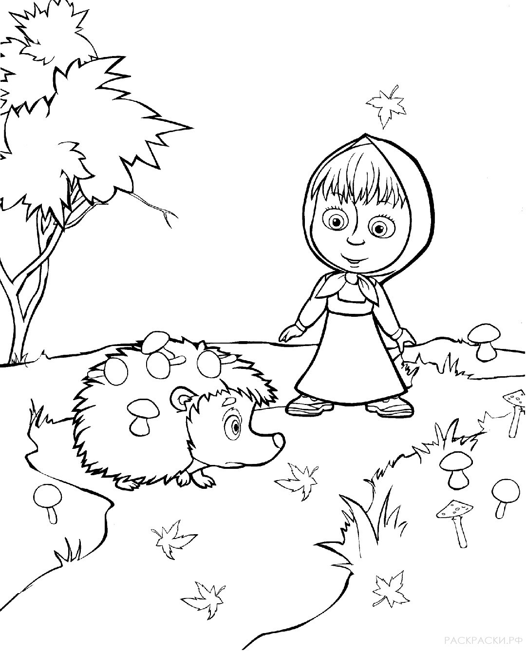 Раскраска Маша и Медведь "Маша с ёжиком и грибами"