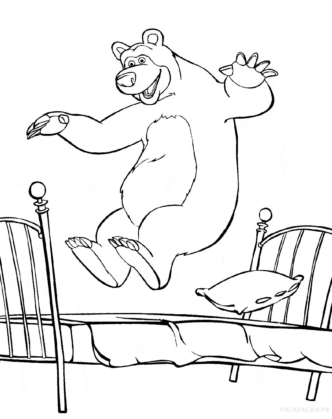 Раскраска Маша и Медведь "Медведь прыгает на кровати"