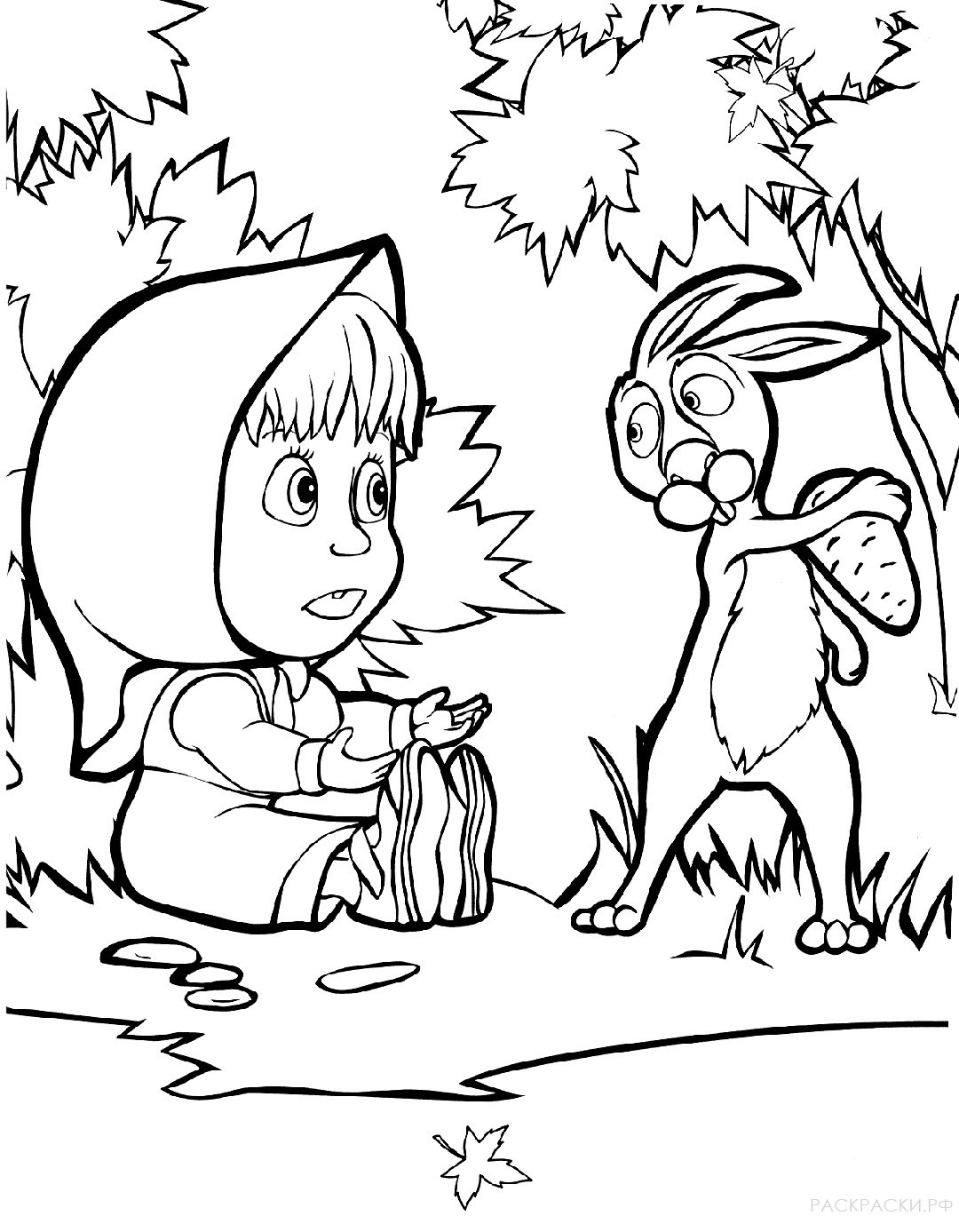 Раскраска Маша и Медведь "Маша с зайцем в лесу"
