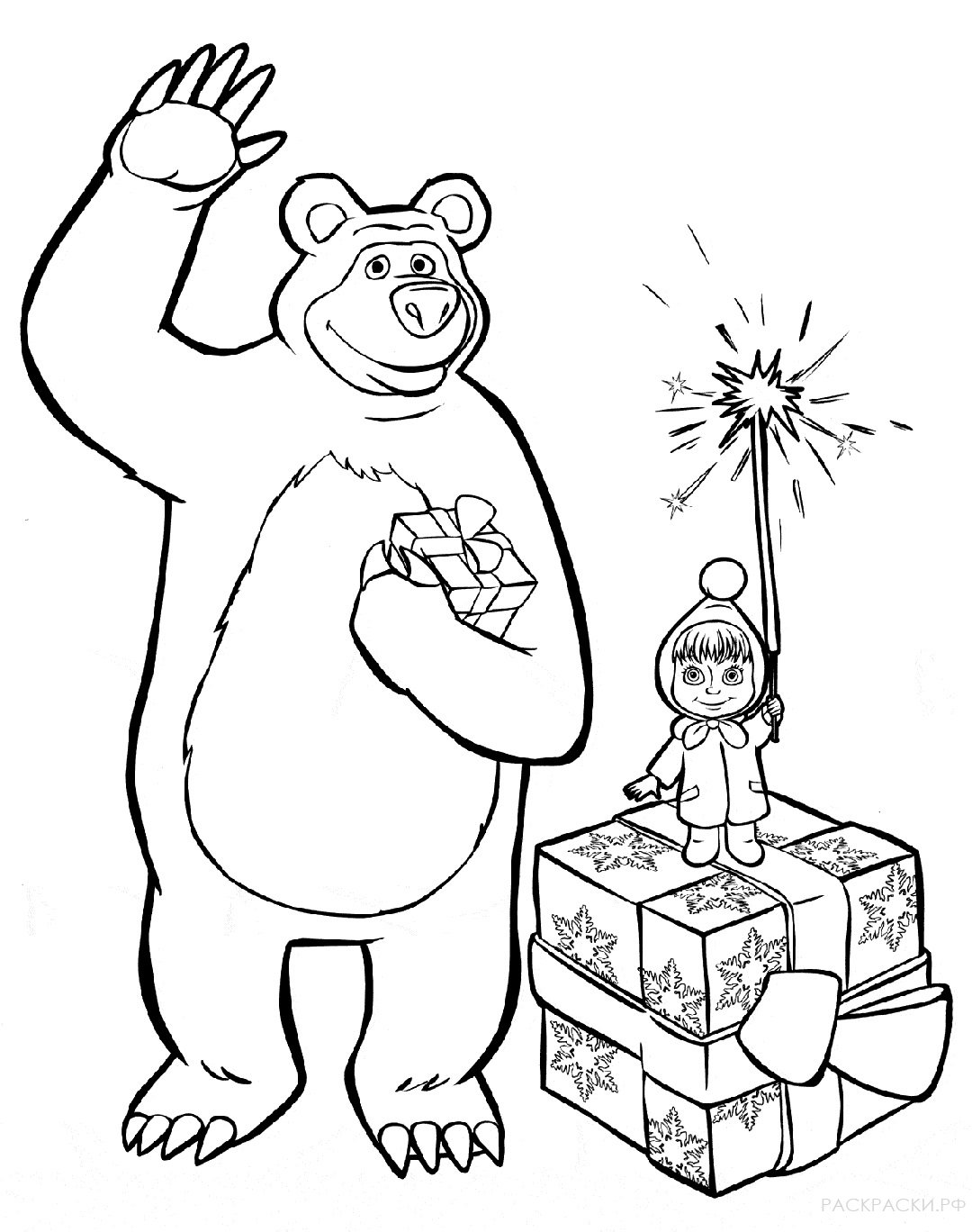 Раскраска Маша и Медведь с подарками и фейерверками