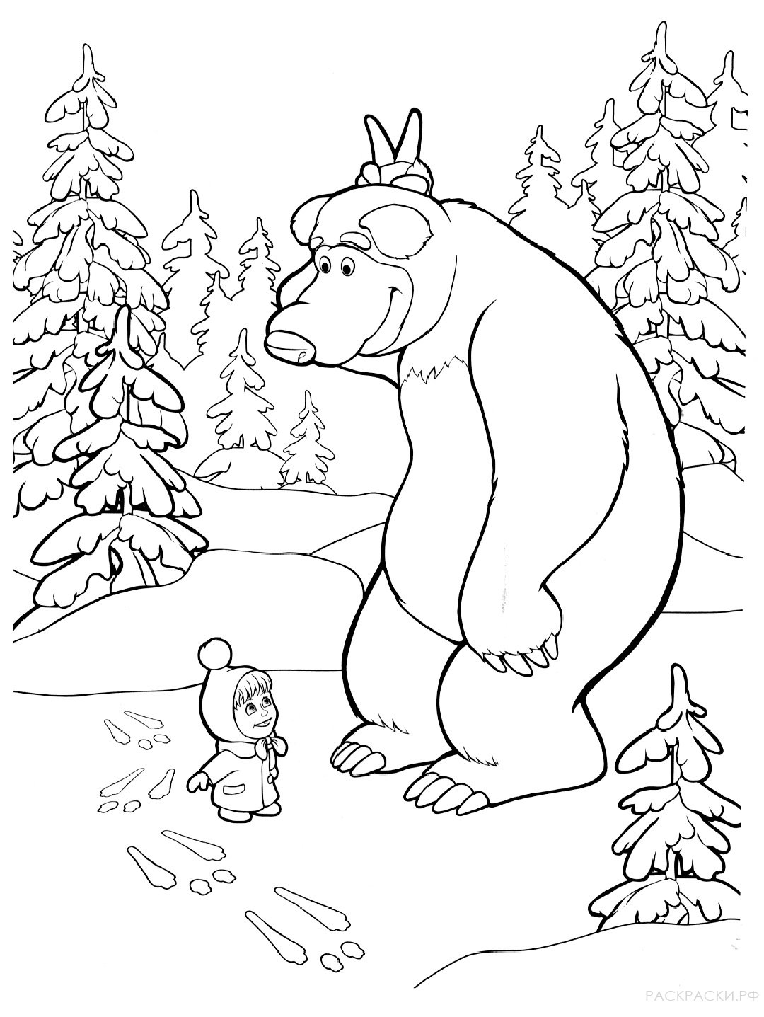 Раскраска Маша и Медведь нашли в лесу следы зайца