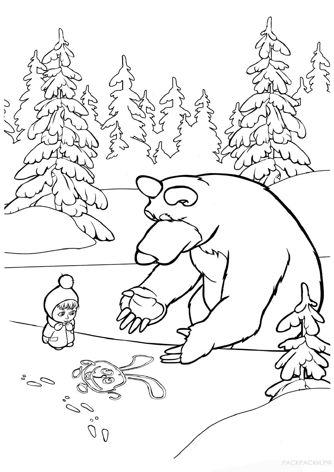 Раскраска Маша и Медведь рисуют зайца на снегу в лесу