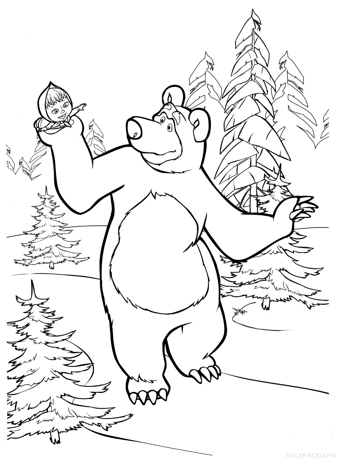 Раскраска Маша в лапах у Медведя в лесу