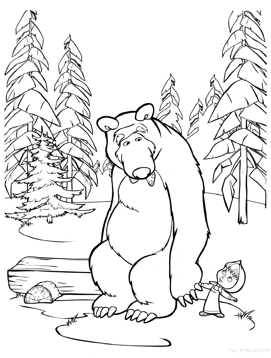 Раскраска Маша и Медведь сидят на лавке в лесу