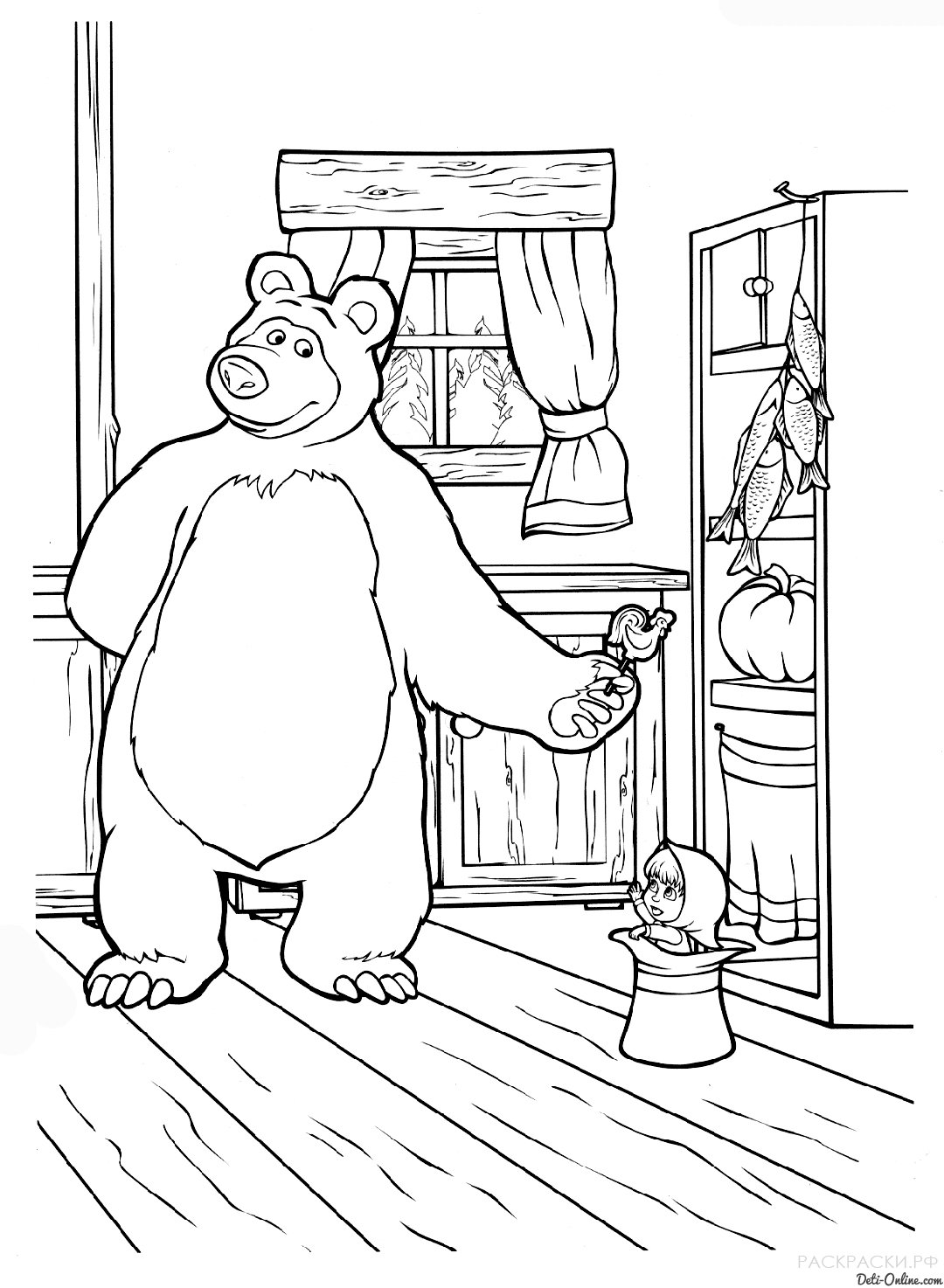 Раскраска Медведь дает Маше конфету