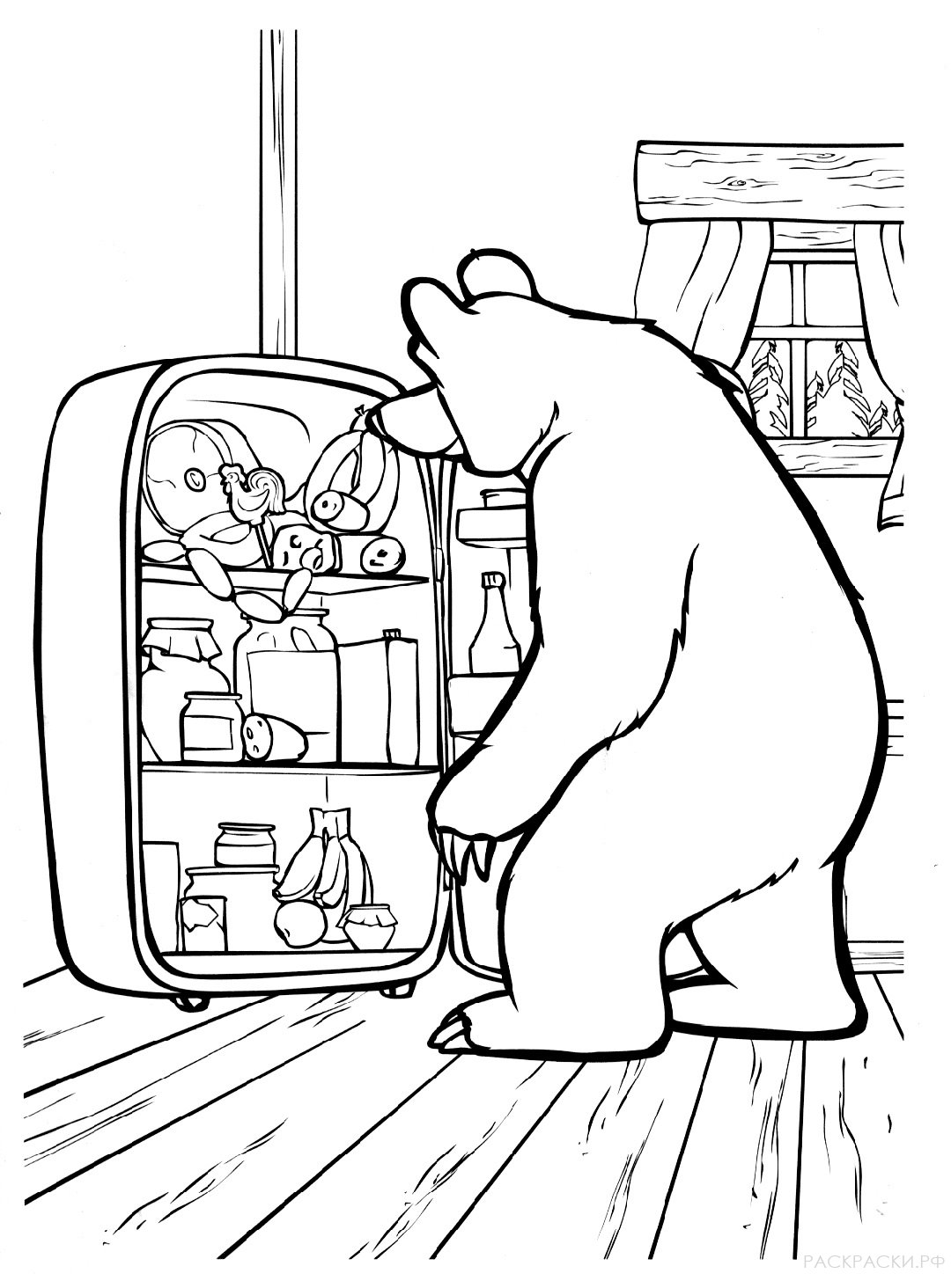 Раскраска Маша и Медведь "Медведь и холодильник"