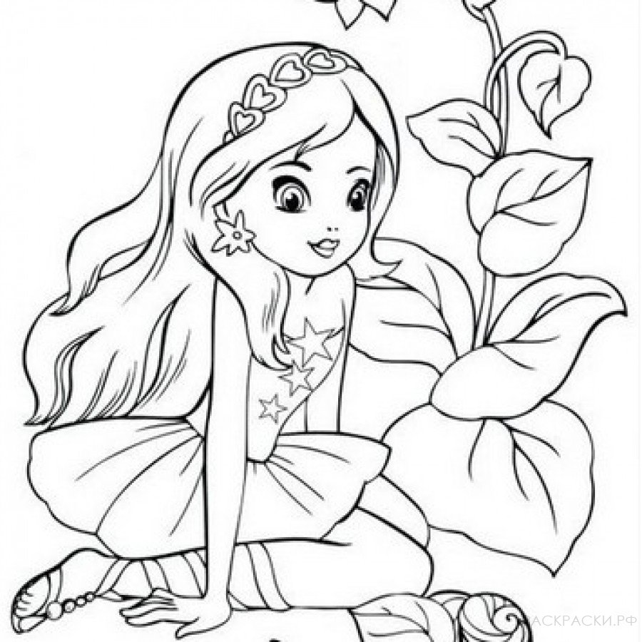 Раскраска девочка сидит в кустах