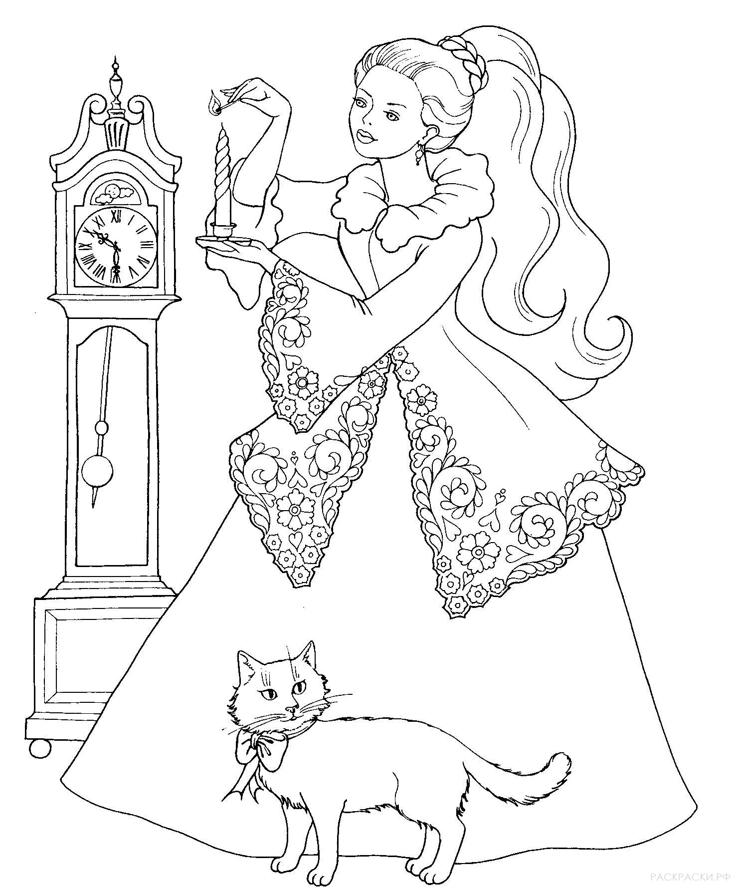 Раскраска для девочек Девушка с котом и часы