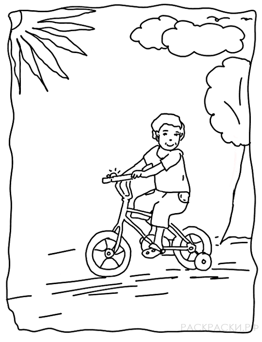 Раскраска мальчик на четырёхколёсном велосипеде