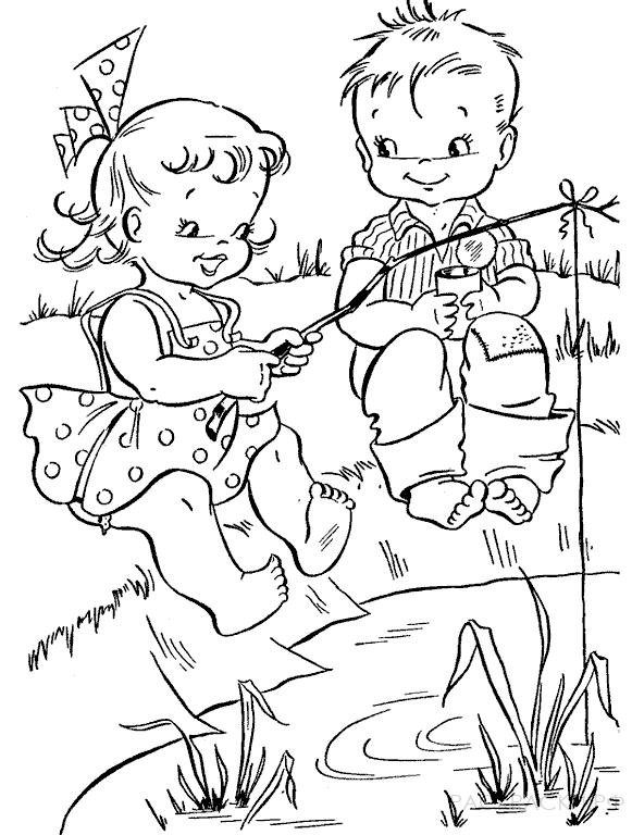 Раскраска мальчик и девочка ловят рыбу в пруду