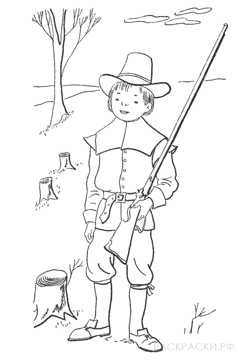Раскраска Мальчик с ружьём на охоте