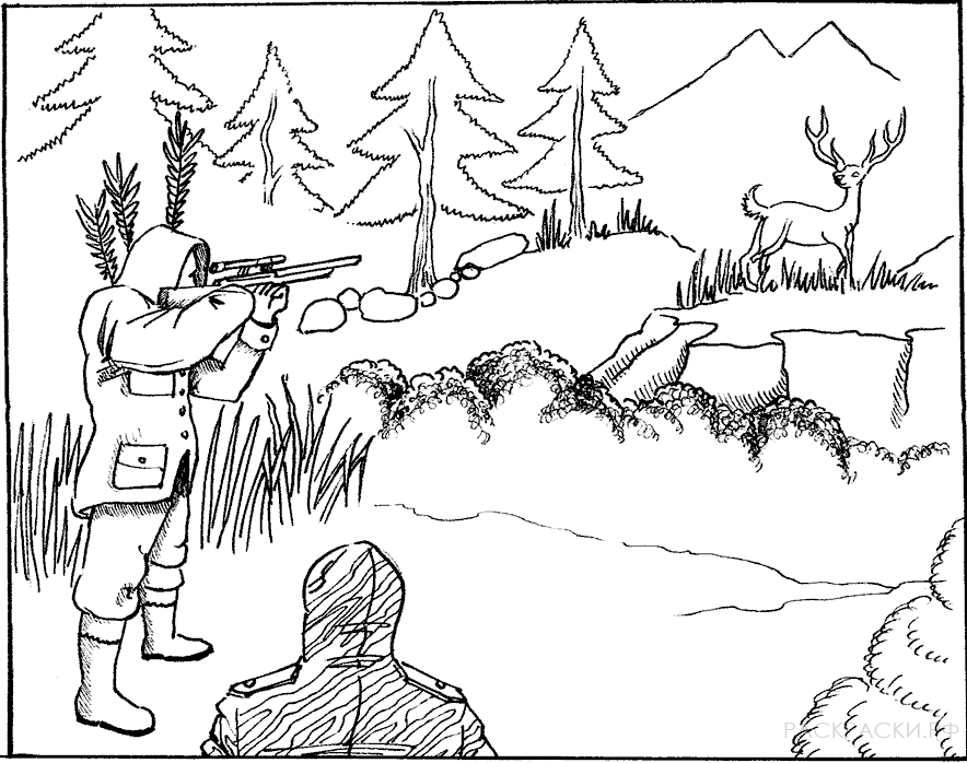 Раскраска для мальчиков Охотник охотится на оленя