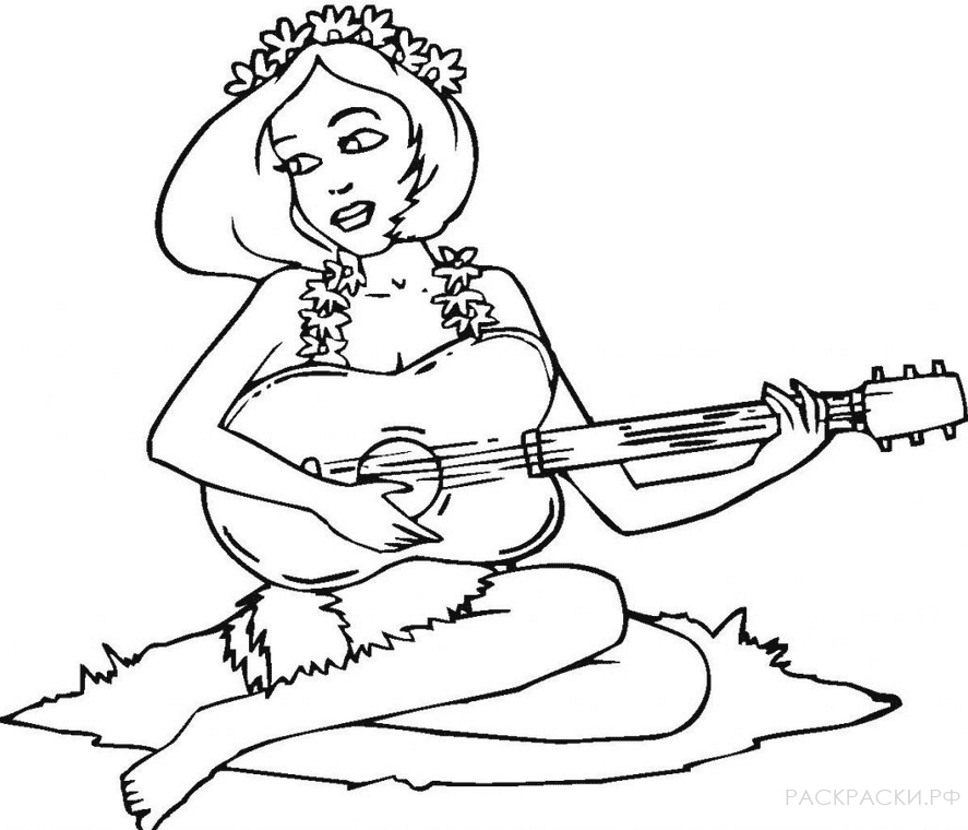 Раскраска Девочка в цветах играет на гитаре
