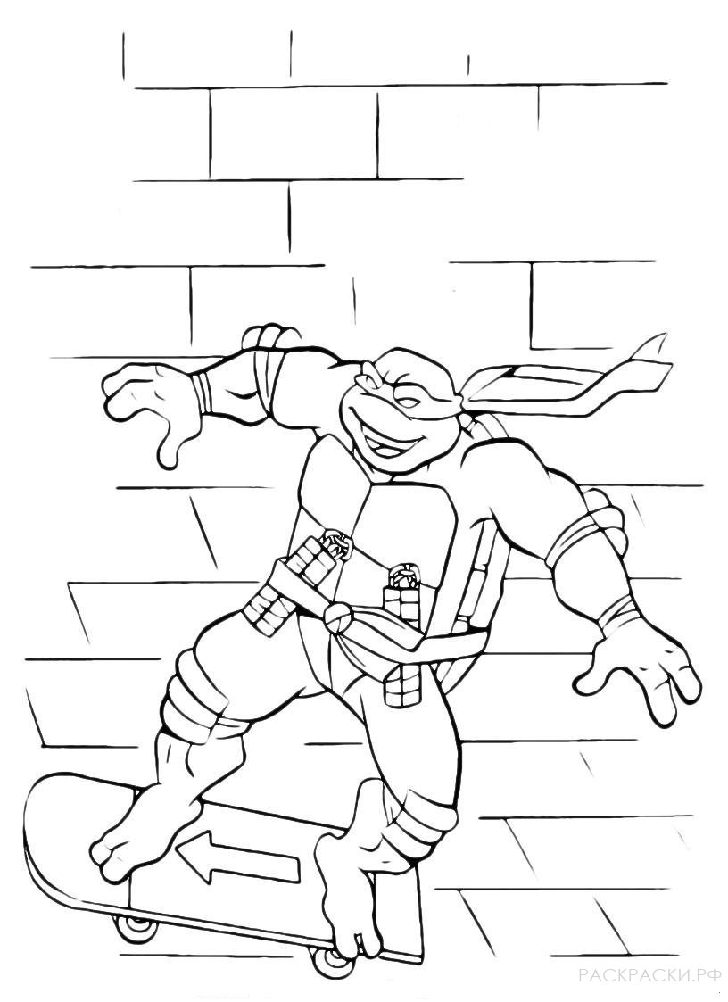Раскраска Черепашки Ниндзя Микеланджело катается на скейте