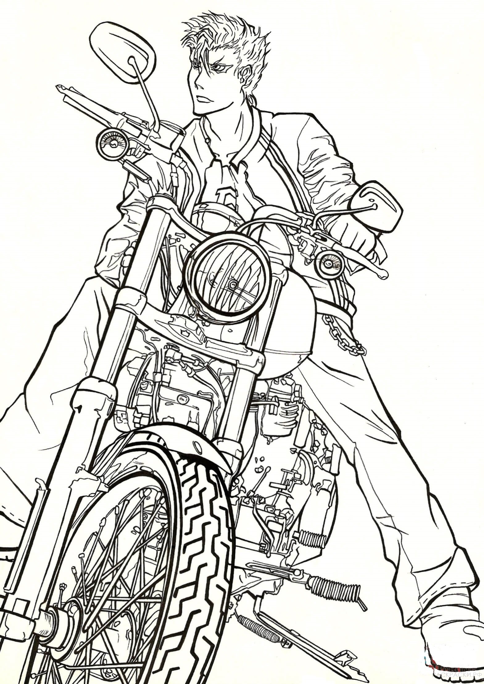 Раскраска Аниме Гриммджо Джагерджак на мотоцикле Harley Davidson