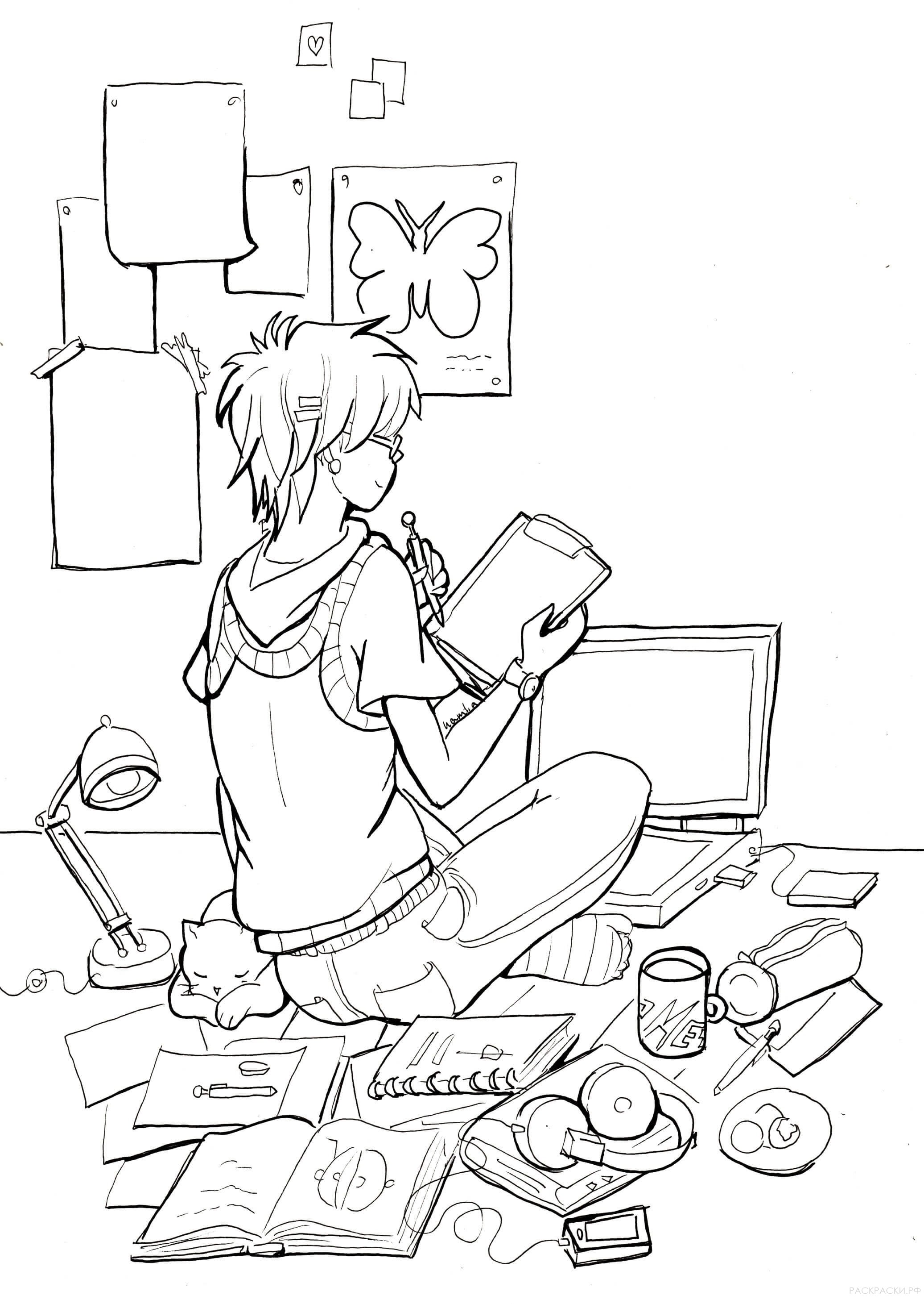 Раскраска Аниме Девушка с котиком и ноутбуком