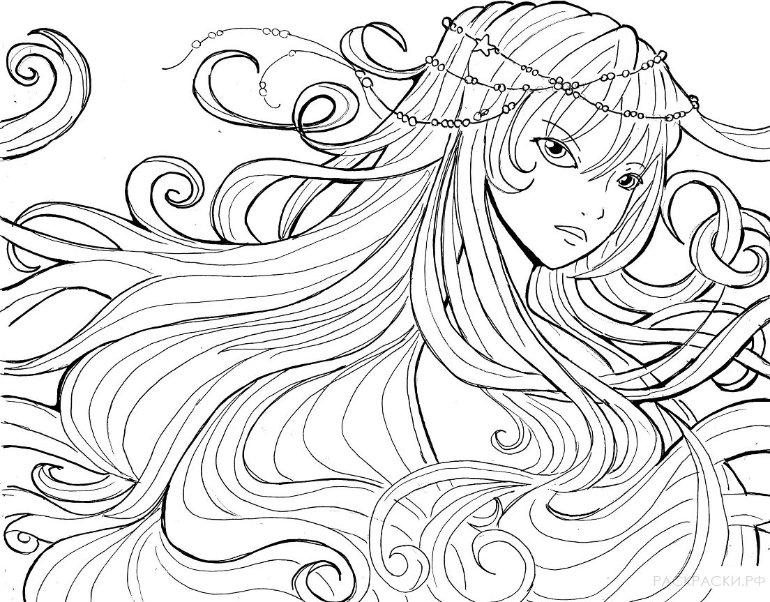Раскраска Аниме Девушка с длинными волосами