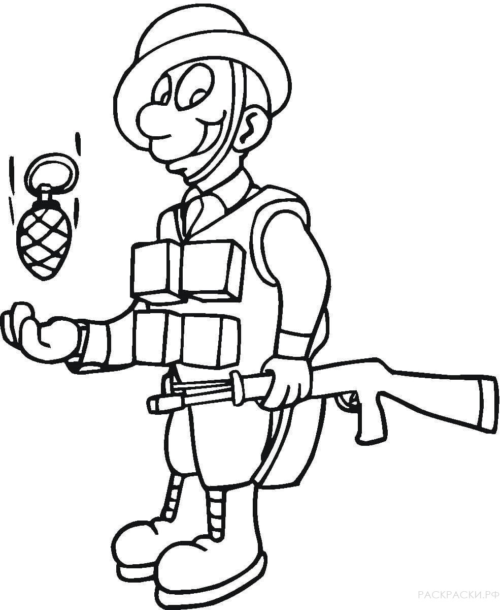 Военная Раскраска Солдат держит ручную гранату