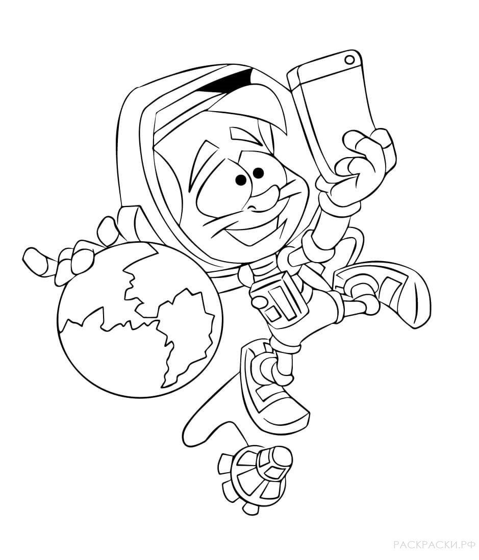 Раскраска Космонавт делает селфи