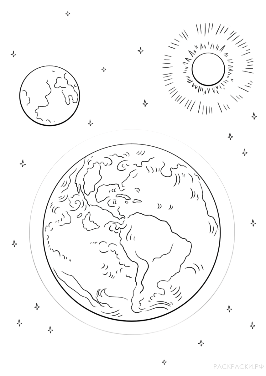 Раскраска Планеты Земля, Луна и Солнце