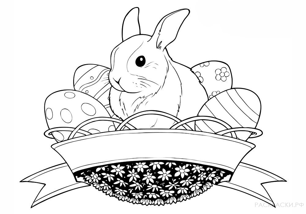 Раскраска Кролик с пасхальными яйцами на блюде