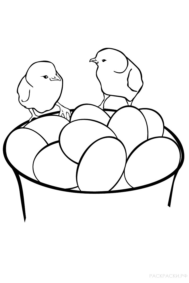 Раскраска Два птенца на миске с пасхальными яйцами