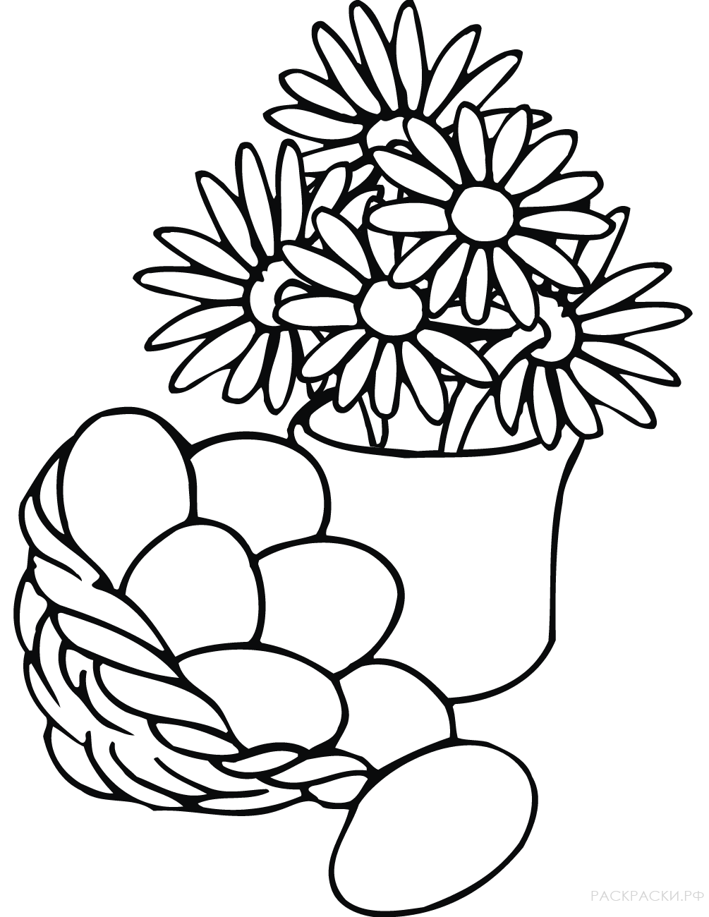 Раскраска Пасхальная корзинка и ваза с цветами
